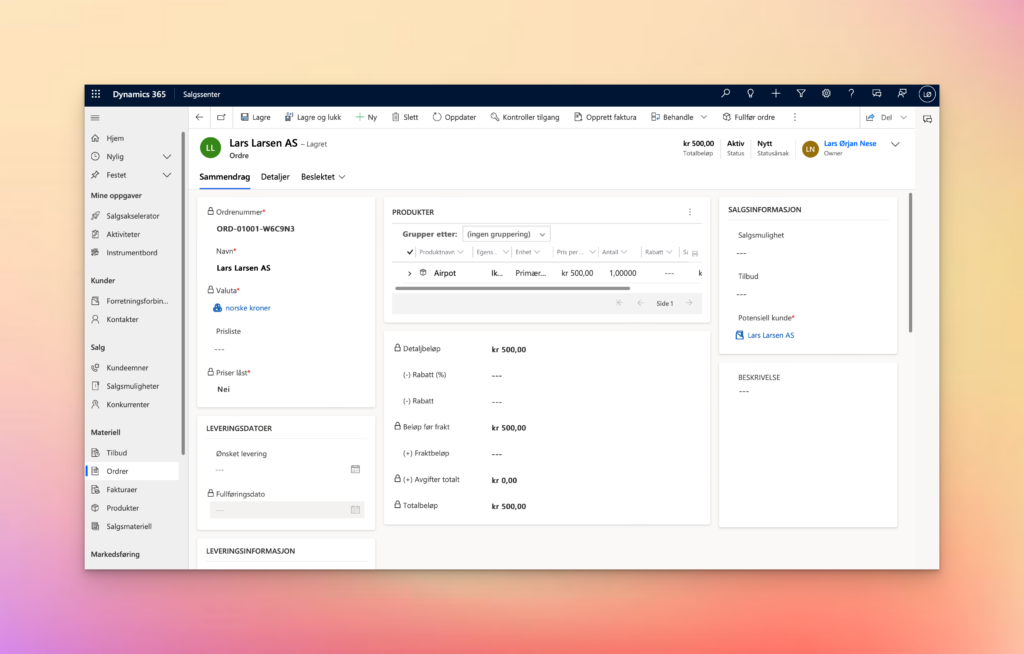 skjermbilde fra Microsoft Dynamics 365 Business Central