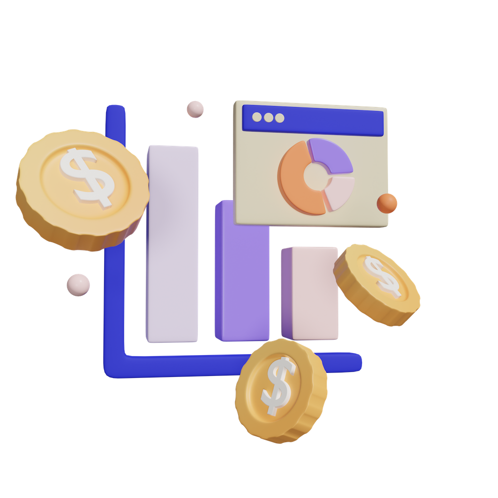 3D illustrasjon av graf og mynter