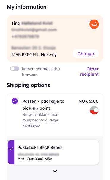 Fraktalternativer i vipps utsjekk. Skjermbilde.