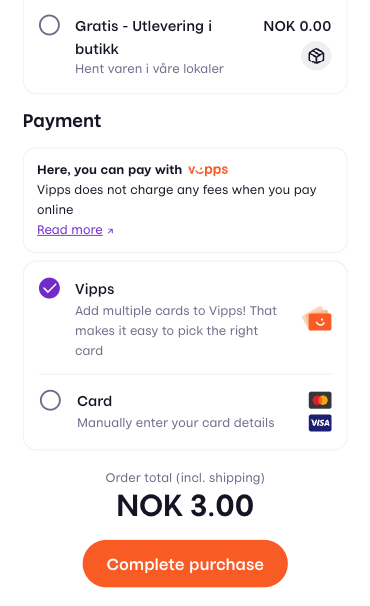 Betalingsalternativer i vipps utsjekk. Skjermbilde.