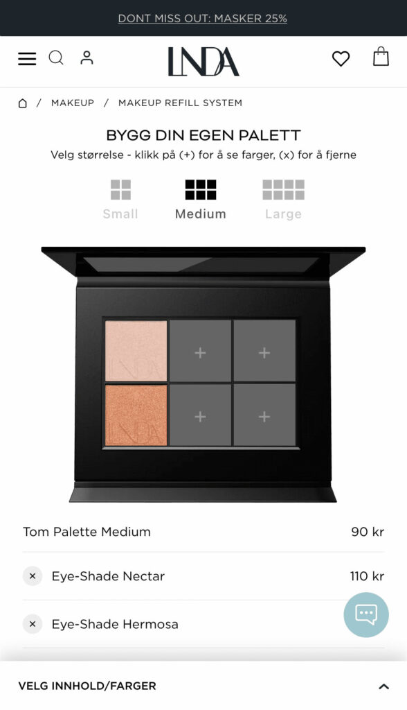 Linda johansens palett-bygger, hvor du kan velge din egen kombinasjon av makeup. Skjermbilde.