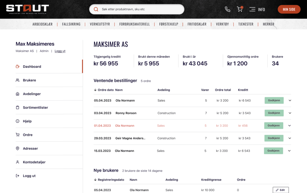 Visning av selvbetjeningsløsning for arbeidsklær på min side. Skjermbilde.